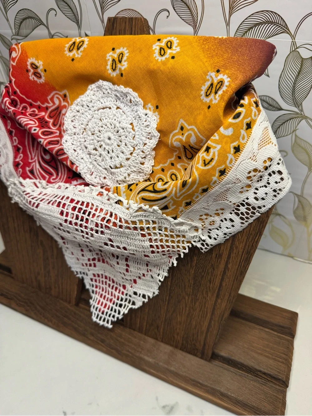 Vintage-Inspired Up-cycled Red & Yellow Bandana Scarf with White Crochet Trim